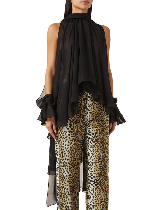 High-Neck Slit-Sleeve Blouse in Black - Small - Tops