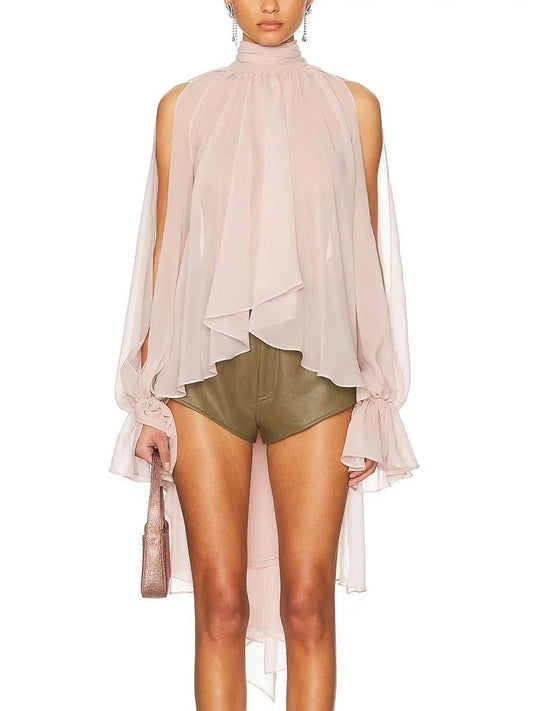 High-Neck Slit-Sleeve Blouse in Pink - Small - Tops