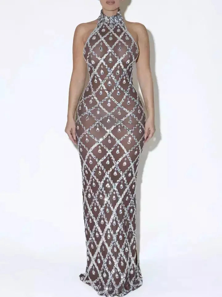 High-Neck Teardrop-Jewel-Embellished Sequin Mesh Long Gown - Dresses