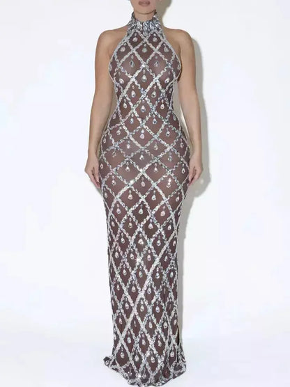 High-Neck Teardrop-Jewel-Embellished Sequin Mesh Long Gown - Dresses