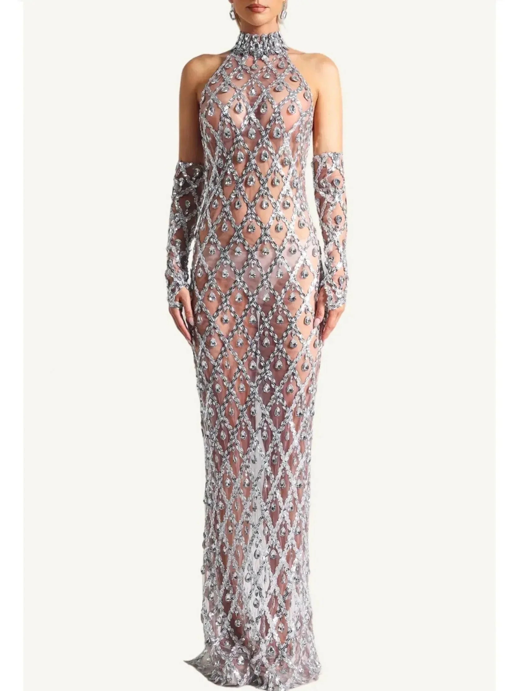 High-Neck Teardrop-Jewel-Embellished Sequin Mesh Long Gown - Dresses
