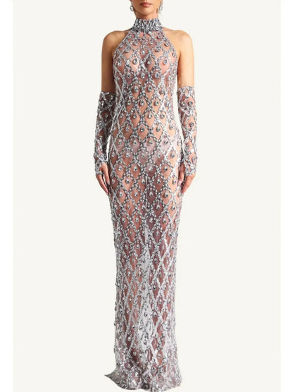 High-Neck Teardrop-Jewel-Embellished Sequin Mesh Long Gown - Dresses