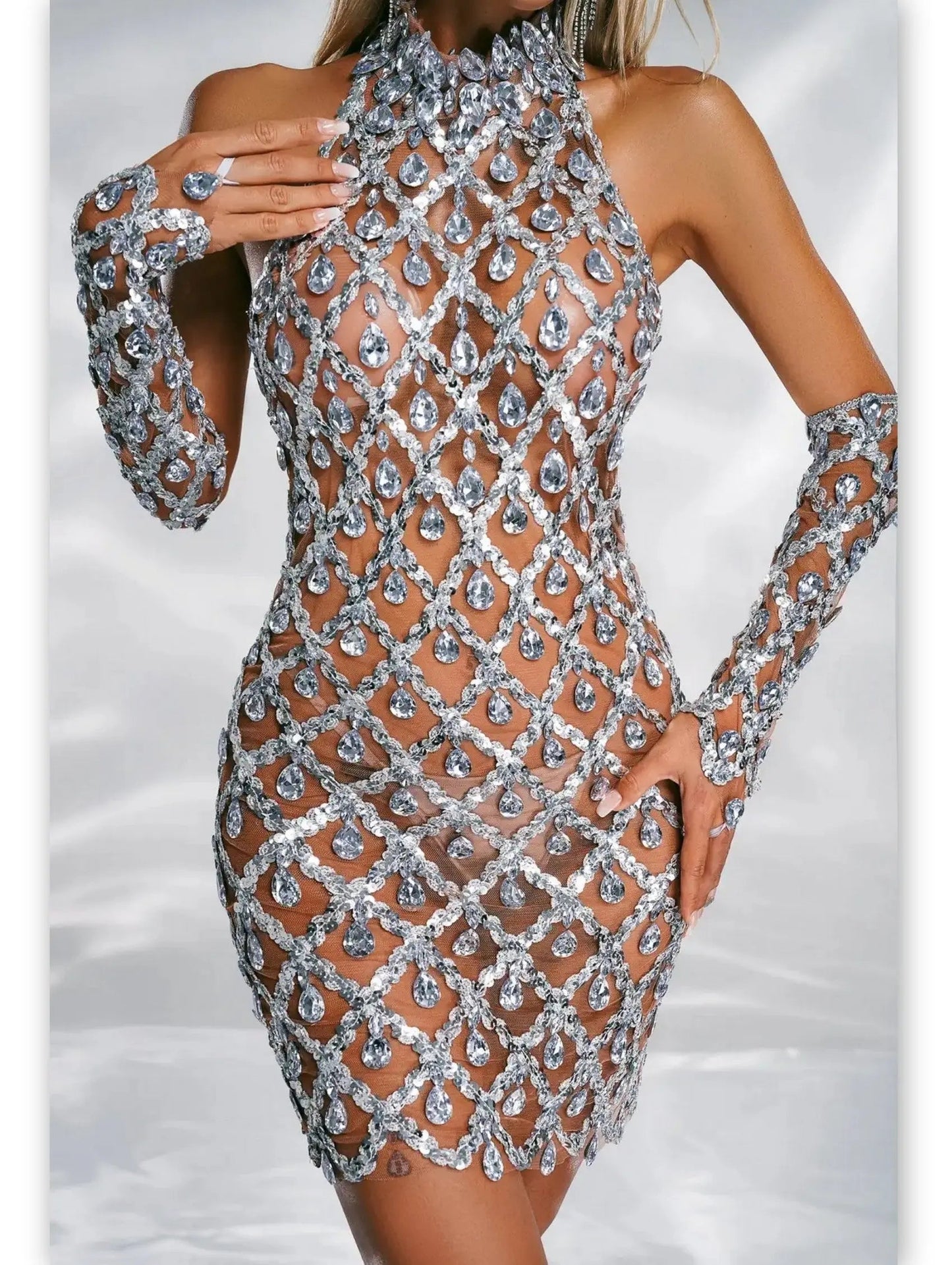 High-Neck Teardrop-Jewel-Embellished Sequin Mesh Mini Dress - Dresses