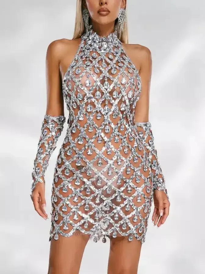High-Neck Teardrop-Jewel-Embellished Sequin Mesh Mini Dress - Dresses