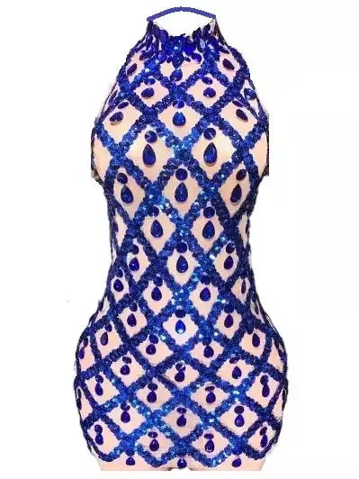 High-Neck Teardrop-Jewel-Embellished Sequin Mesh Mini Dress - Dresses