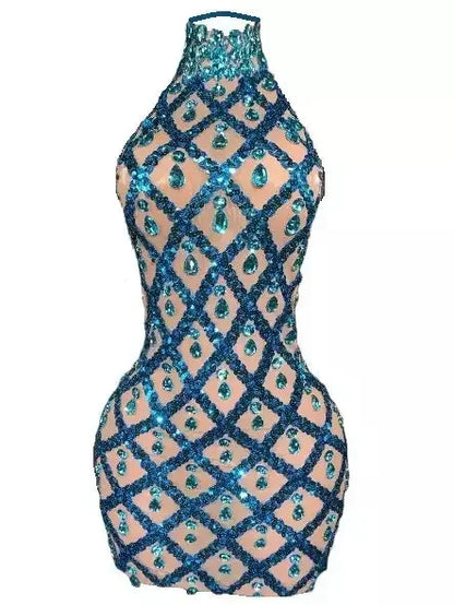 High-Neck Teardrop-Jewel-Embellished Sequin Mesh Mini Dress - Dresses