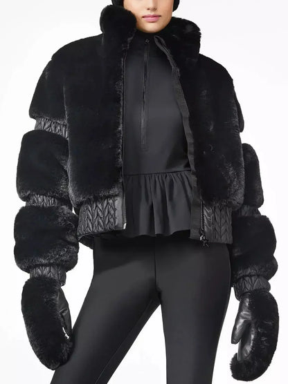 High-Pile Thick Fleece Paneled Ski Jacket in Black - Jackets