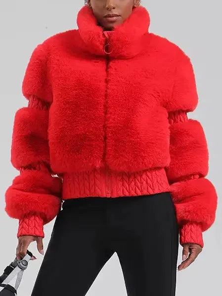 High-Pile Thick Fleece Paneled Ski Jacket in Bright Red - Jackets