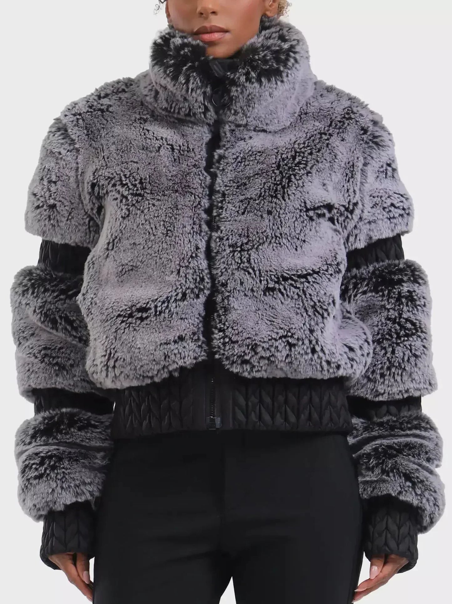 High-Pile Thick Fleece Paneled Ski Jacket in Grey - Jackets