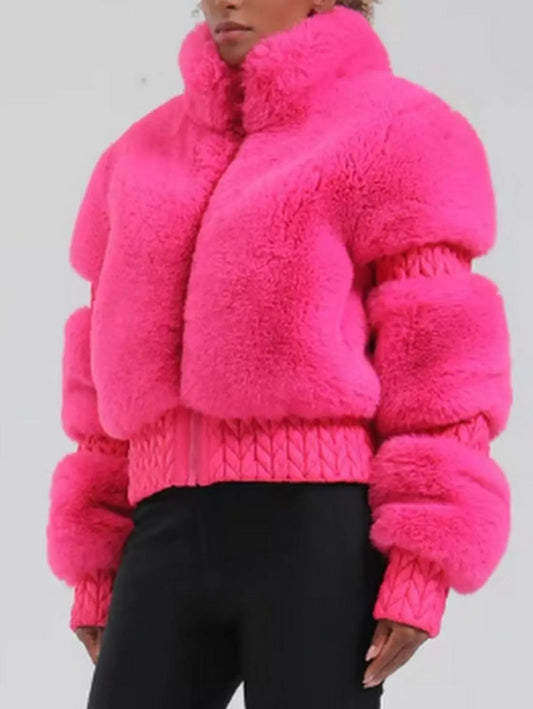 High-Pile Thick Fleece Paneled Ski Jacket in Hot Pink - Jackets