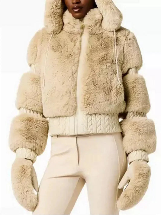High-Pile Thick Fleece Paneled Ski Jacket in Khaki - Jackets