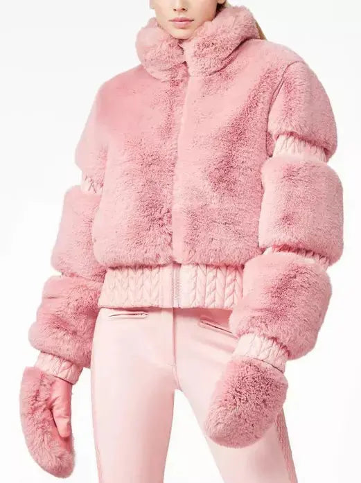 High-Pile Thick Fleece Paneled Ski Jacket in Pink - Jackets