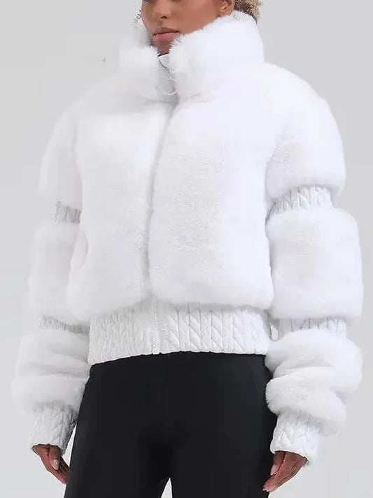 High-Pile Thick Fleece Paneled Ski Jacket in White - Jackets