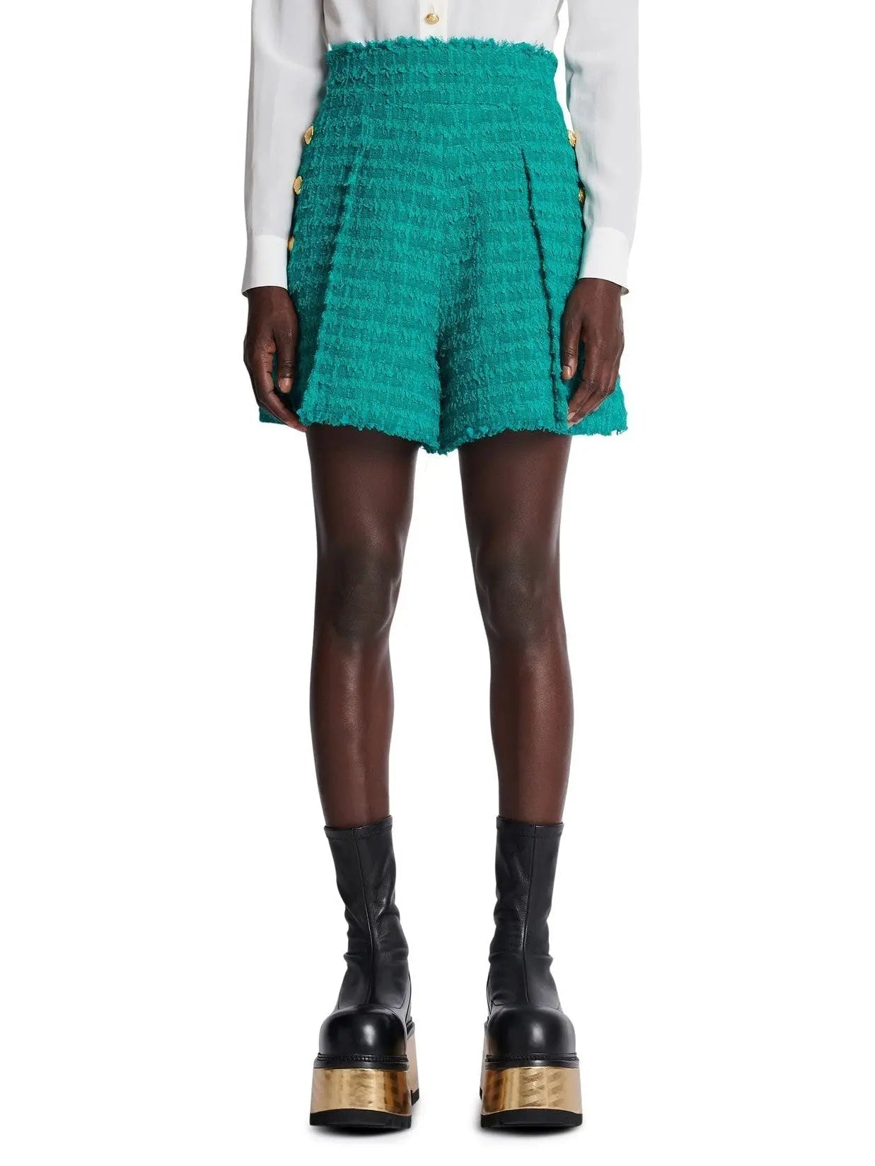 High-Rise Green Tweed Shorts - Jeans & Pants