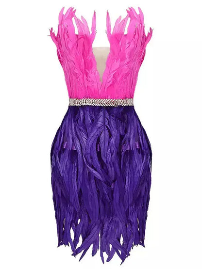 High Waist Feather Mini Dress with Crystal Detailed Waist - Dresses