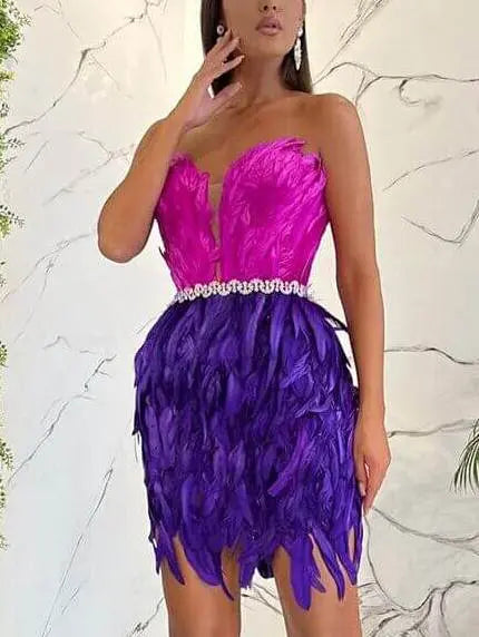 High Waist Feather Mini Dress with Crystal Detailed Waist - Dresses