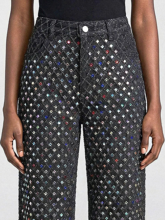 High-Waisted Rhinestone-Embellished Wide-Leg Jeans - Jeans & Pants