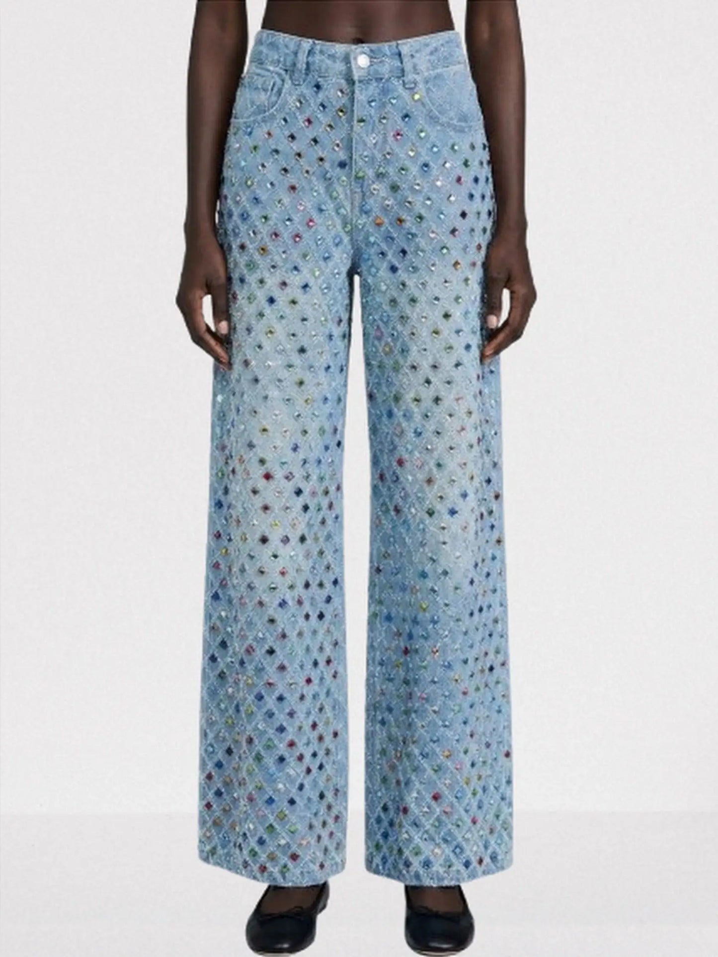 High-Waisted Rhinestone-Embellished Wide-Leg Jeans - S / Light Blue - Jeans & Pants