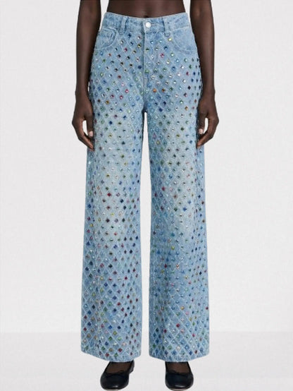 High-Waisted Rhinestone-Embellished Wide-Leg Jeans - S / Light Blue - Jeans & Pants