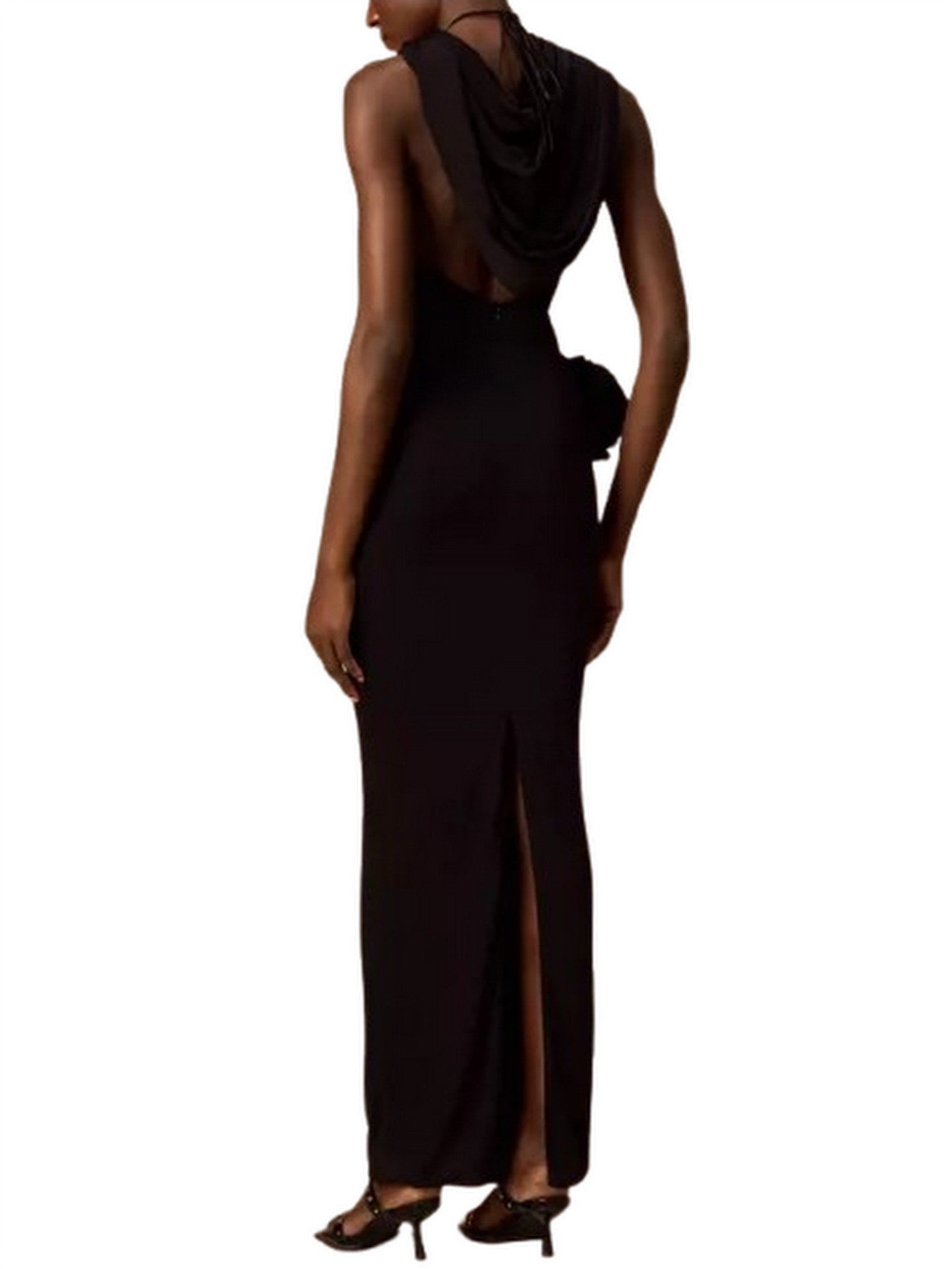 Hooded Black Appliqued Maxi Dress - Dresses
