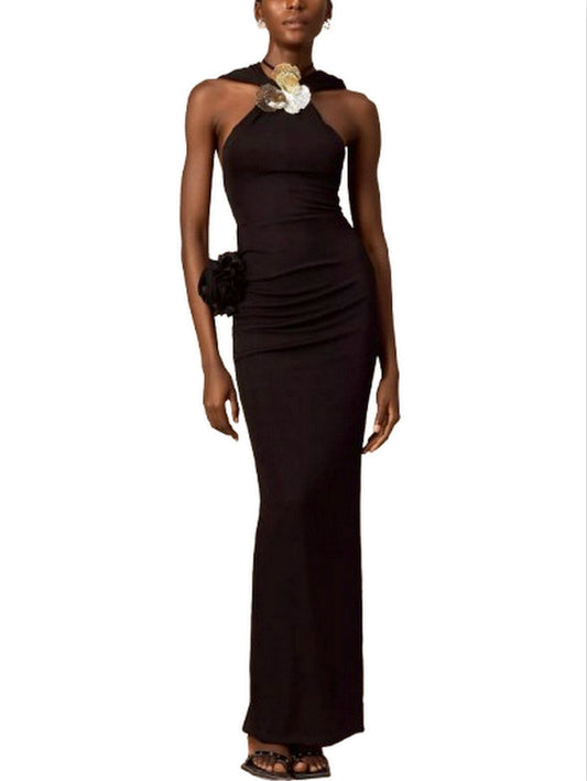 Hooded Black Appliqued Maxi Dress - S - Dresses