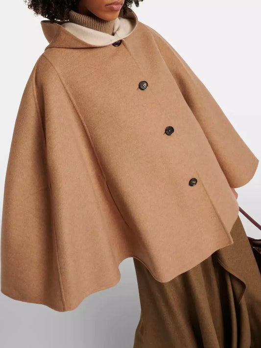 Hooded Cashmere Button-Front Cape - One size - Jackets