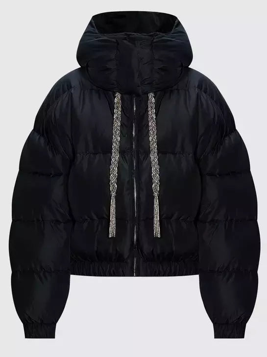 Hooded Down Jacket in Black with Braided Crystal Ties - Jackets