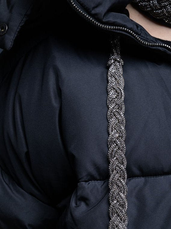 Hooded Down Jacket in Black with Braided Crystal Ties - Jackets