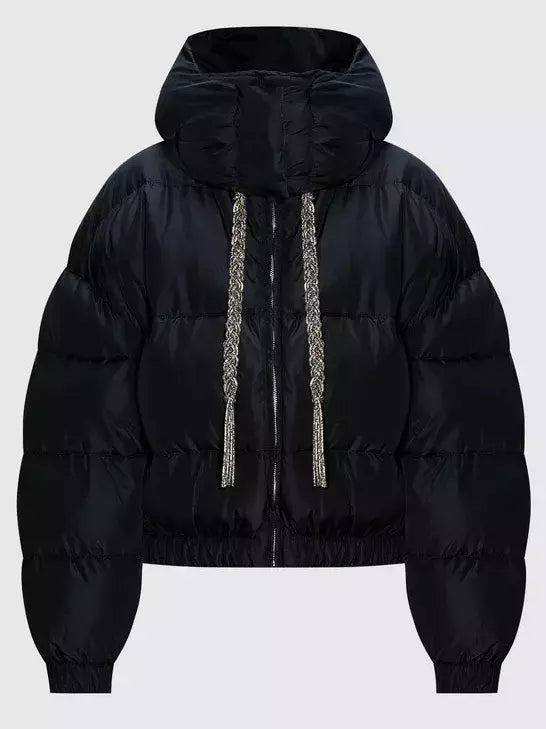 Hooded Down Jacket in Black with Braided Crystal Ties - Jackets