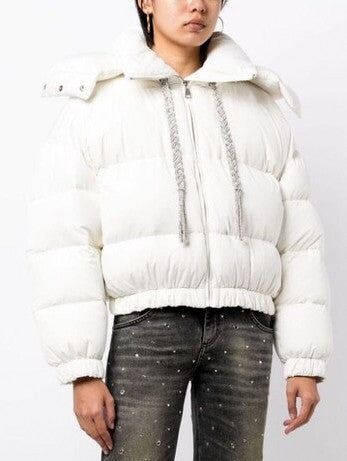 Hooded Down Jacket in White with Braided Crystal Ties - Jackets