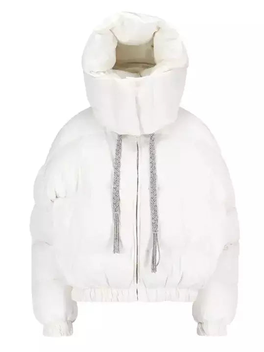 Hooded Down Jacket in White with Braided Crystal Ties - Jackets