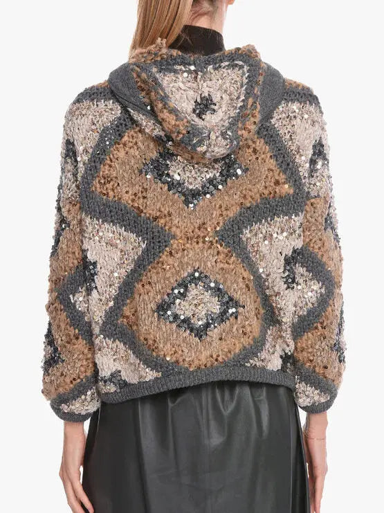 Hooded Geometric Knit Jacket with Sequins - Jackets