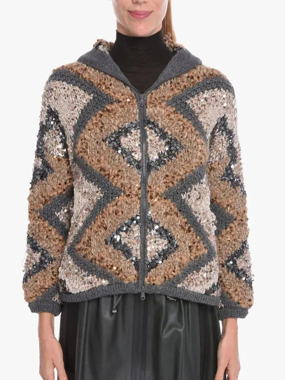 Hooded Geometric Knit Jacket with Sequins - Jackets