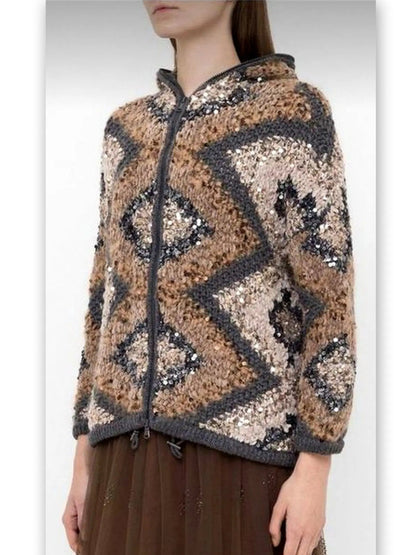 Hooded Geometric Knit Jacket with Sequins - Jackets