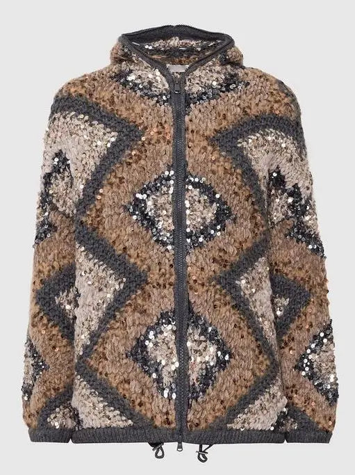 Hooded Geometric Knit Jacket with Sequins - Jackets