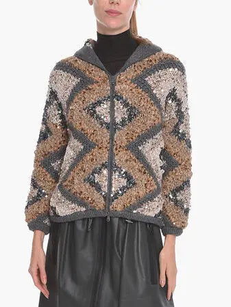 Hooded Geometric Knit Jacket with Sequins - Jackets