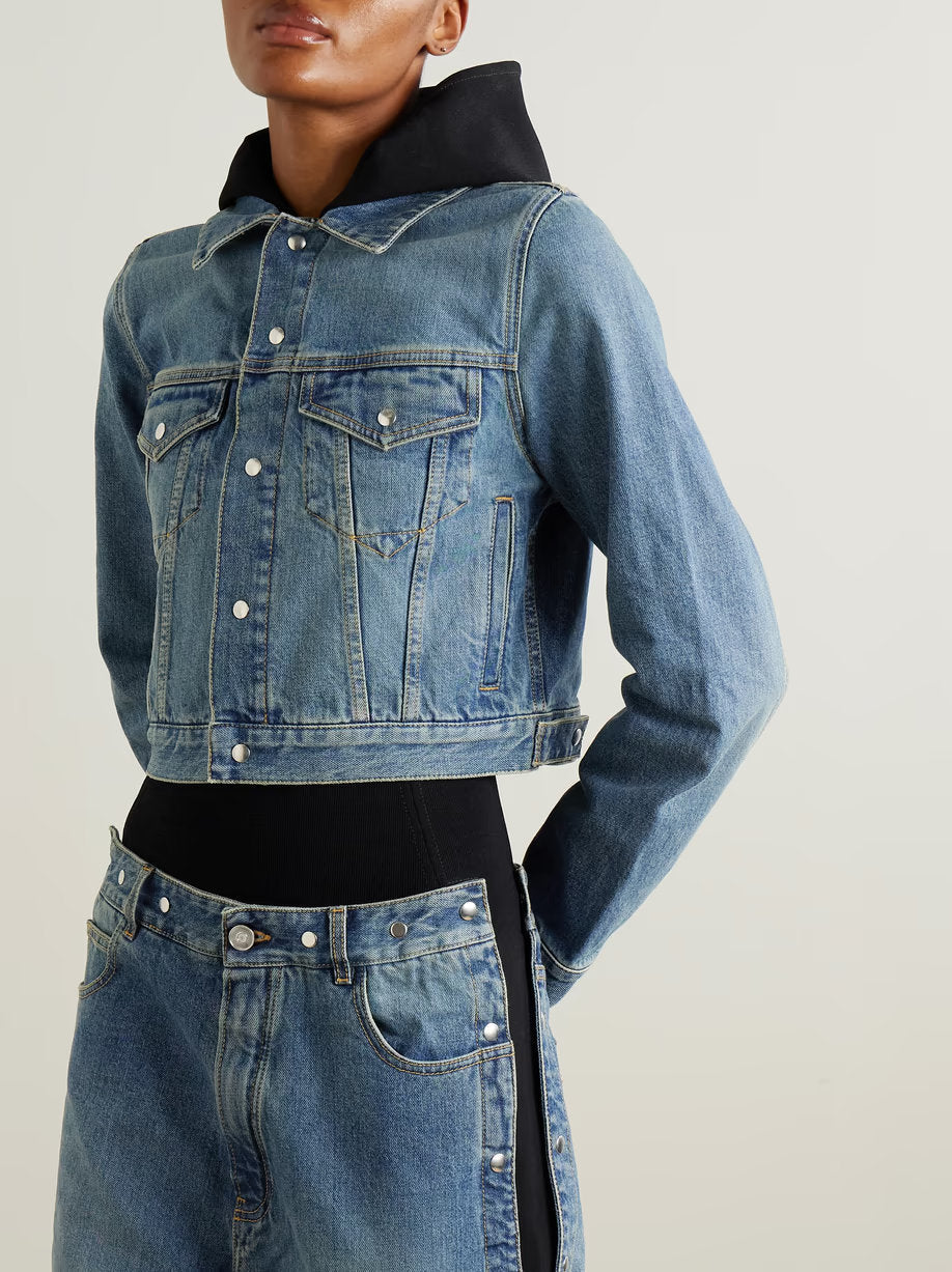 Cropped Hooded Jersey-Trimmed Denim Jacket with black hood for a stylish look
