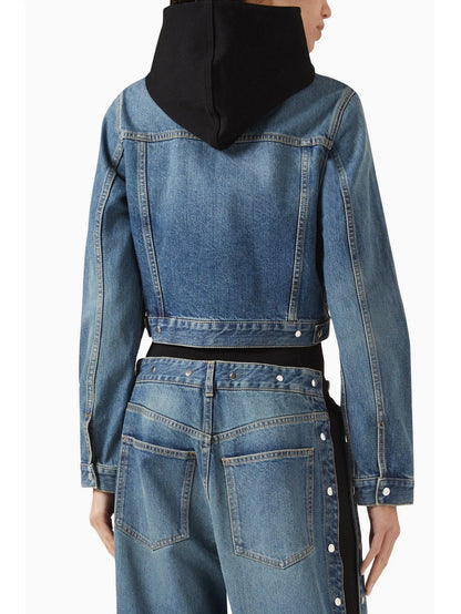 Hooded jersey-trimmed denim jacket featuring a stylish black hood for modern looks