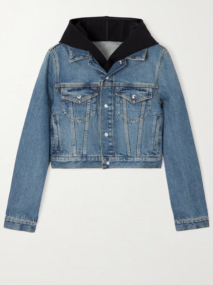 Blue denim jacket with black hood in a stylish hooded jersey-trimmed denim design