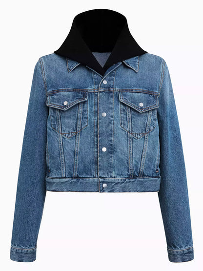 Cropped Hooded Jersey-Trimmed Denim Jacket with Black Hood for stylish comfort