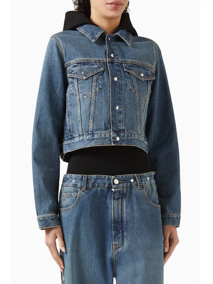 Cropped Hooded Jersey-Trimmed Denim Jacket with black hood for stylish looks