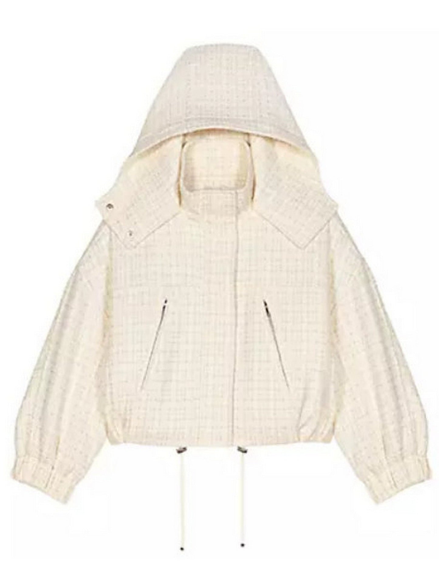 White textured Hooded Tweed Drawstring-Hem Bomber Jacket with matching skirt set