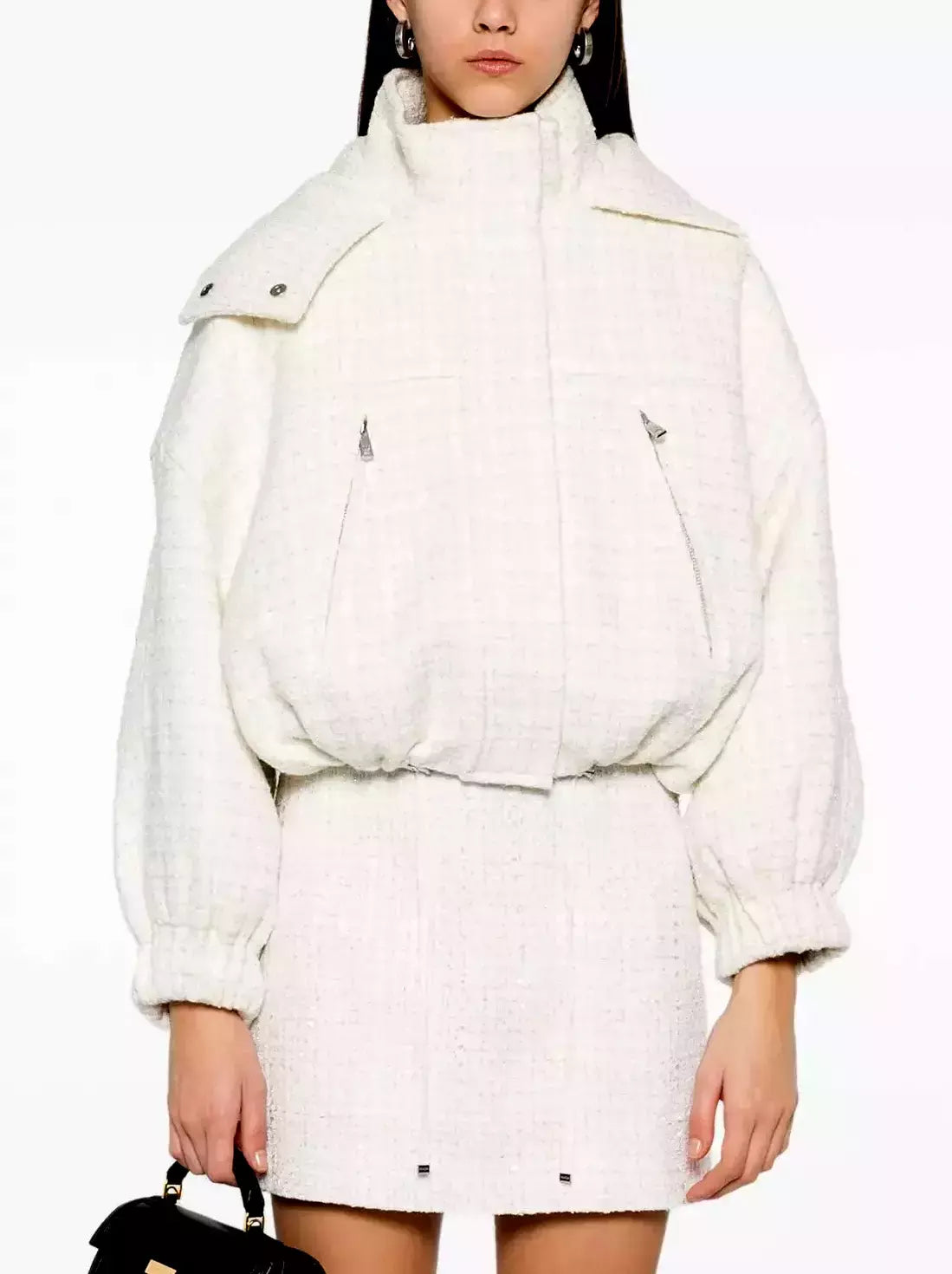 White textured jacket and skirt set featuring a Hooded Tweed Drawstring-Hem Bomber Jacket