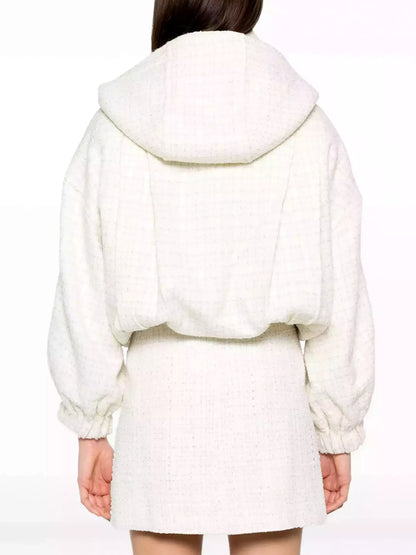 White hooded tweed drawstring-hem bomber jacket and skirt set stylishly displayed