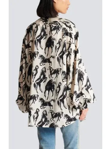 Horses Printed Silk Shirt with Neck-Tie - Tops