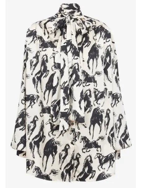 Horses Printed Silk Shirt with Neck-Tie - Tops