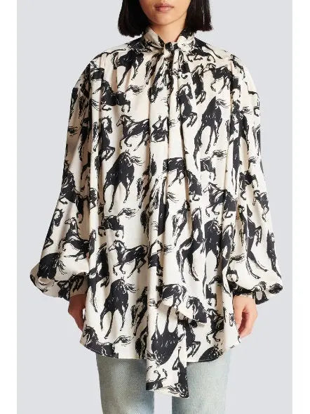 Horses Printed Silk Shirt with Neck-Tie - Tops