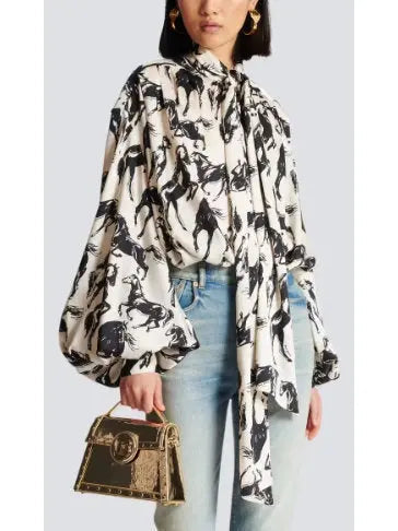 Horses Printed Silk Shirt with Neck-Tie - Tops