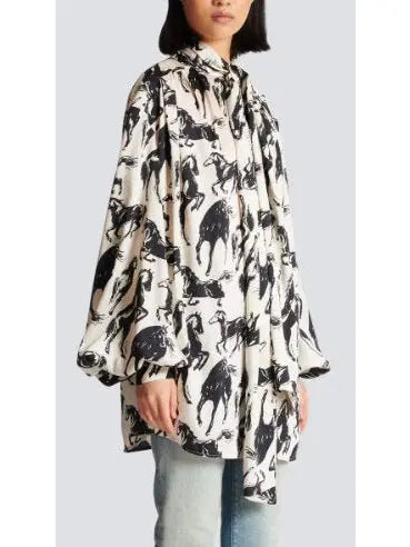 Horses Printed Silk Shirt with Neck-Tie - Tops