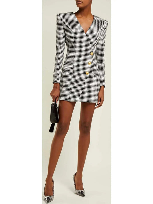 Houndstooth Buttoned Mini Dress - small - Dresses